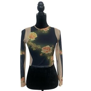 Fashion Nova Woman Sm Sheer Black Tan Floral Long Sleeve Fairy Mesh Crop Top